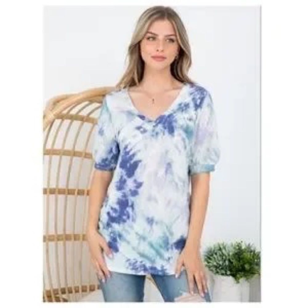 Tie-Dye V-neck Top Boho Multi Blue